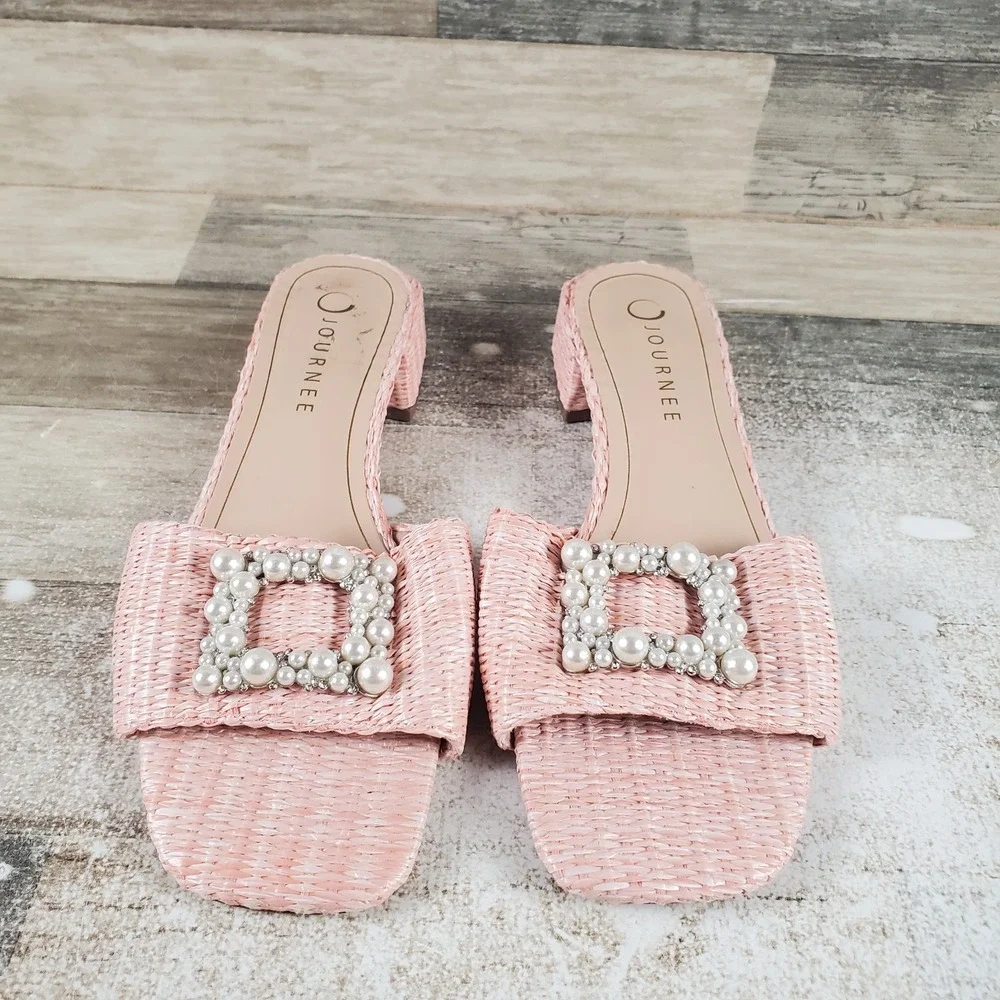 Journee Collection Justina Womens Sandal‎ Sz 8 M Pink Beaded Slip On Block Heel